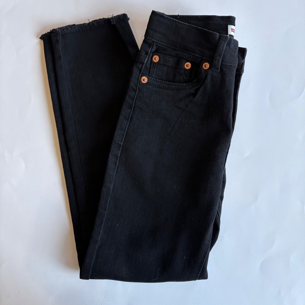 Levis Kids Black High Rise Ankle Straight Jeans Raw Hem Size 8 Regular